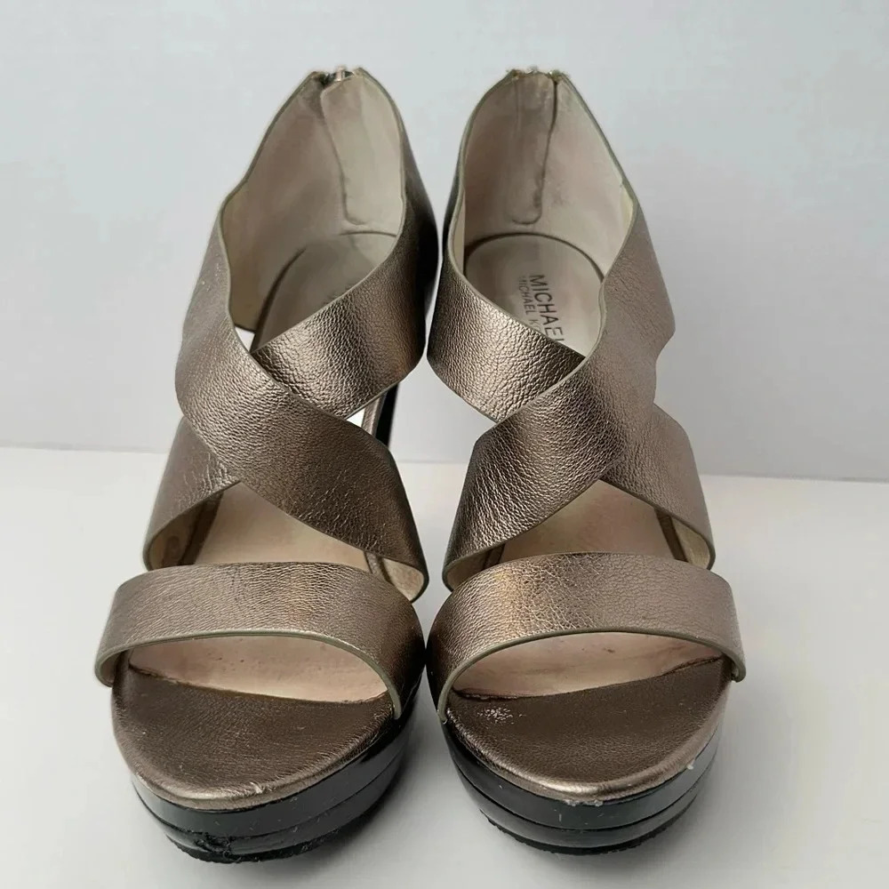 Michael Kors Elena Platform Sandal Women 11 Nickel Leather Open Toe Pre Own